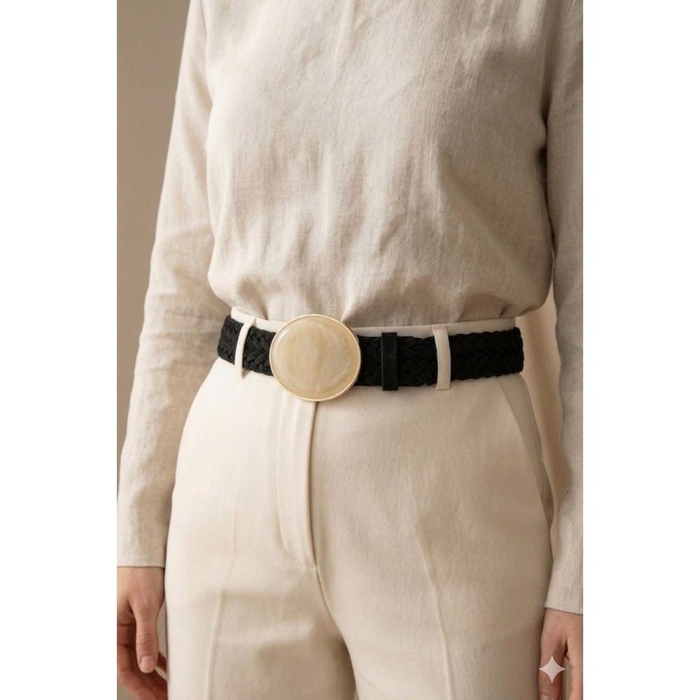NEW Womens Black Braided‎ Belt Cream Resin Round Buckle Gold Tone Trim